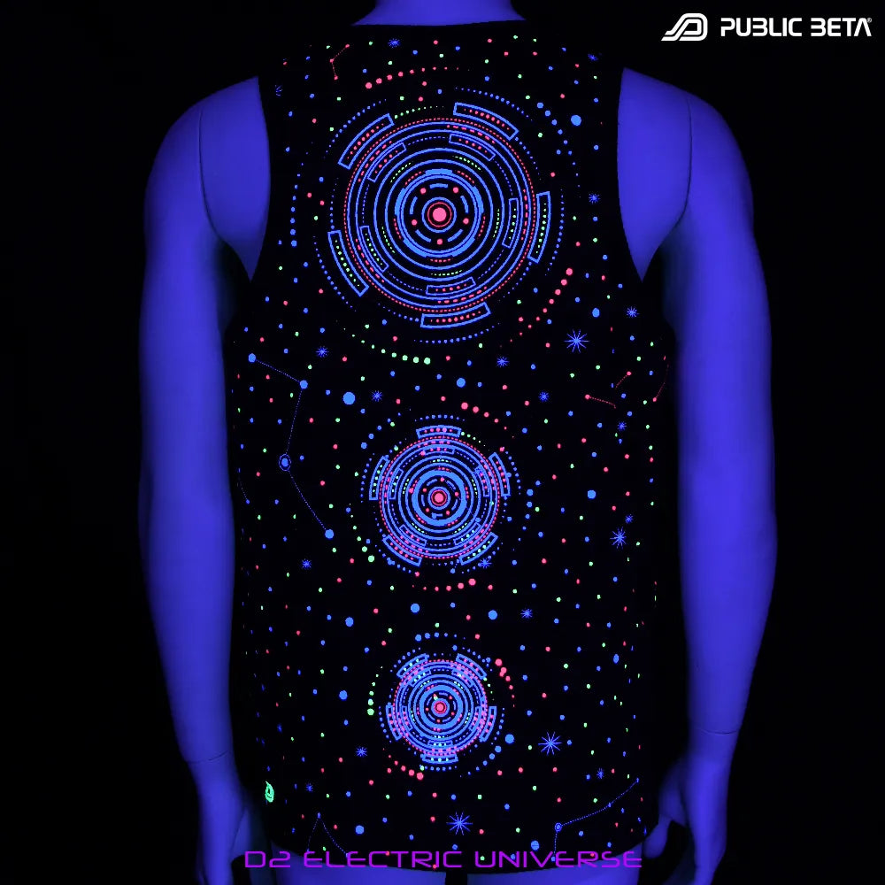 Electric Universe Sleeveless Shirt with UV-reactive graphics glowing under blacklight