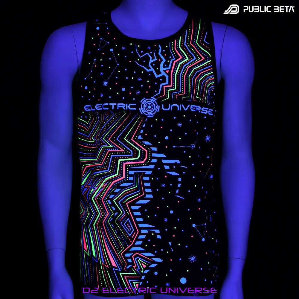 Electric Universe Sleeveless Shirt with UV-reactive graphics glowing under blacklight