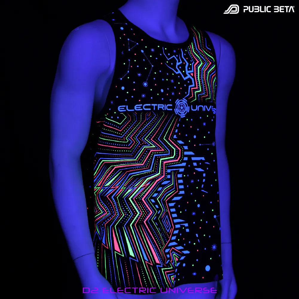 Electric Universe Sleeveless Shirt with UV-reactive graphics glowing under blacklight