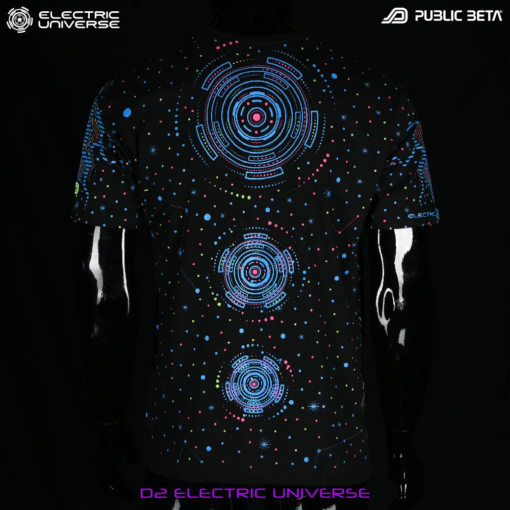 T-shirt with UV-reactive printed graphics, photographed in natural light