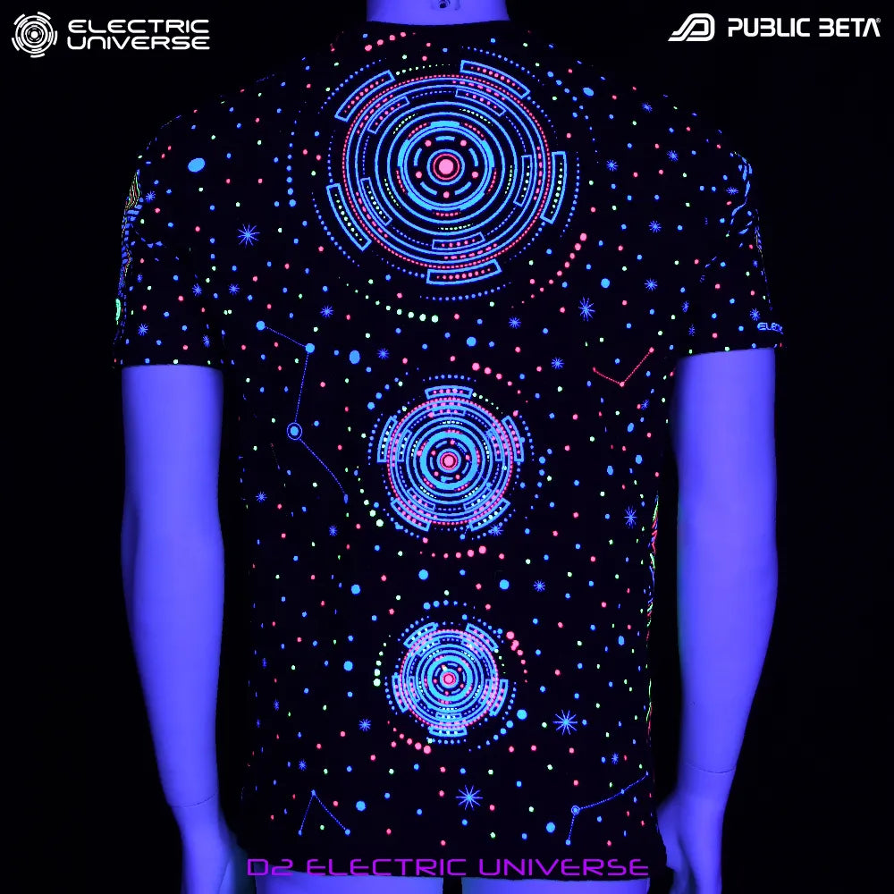 Electric Universe T-shirt with geometric UV-reactive graphics glowing under blacklight