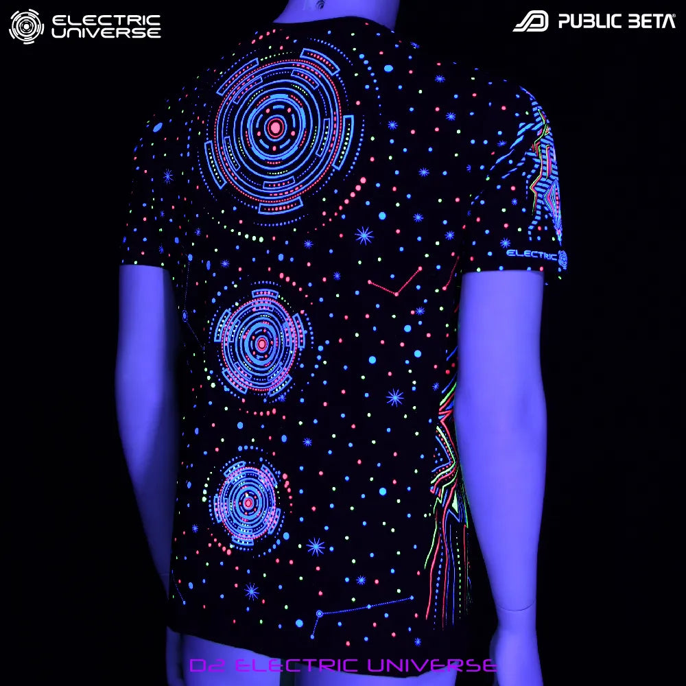 Back of Electric Universe T-shirt with geometric UV-reactive graphics glowing under blacklight