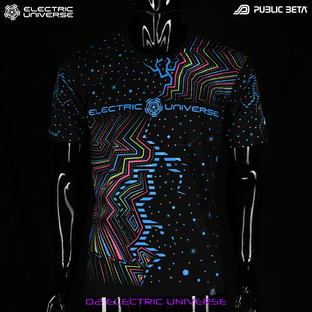 Electric Universe T-shirt with UV-reactive printed graphics, photographed in natural light