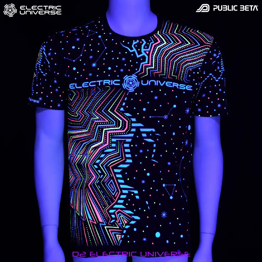 Electric Universe T-shirt with geometric UV-reactive graphics glowing under blacklight