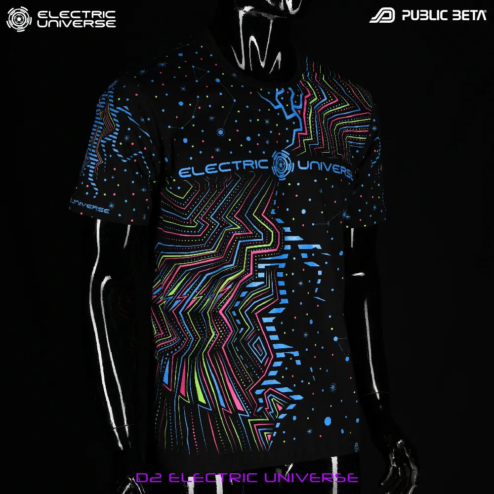 T-shirt with UV-reactive printed graphics, photographed in natural light