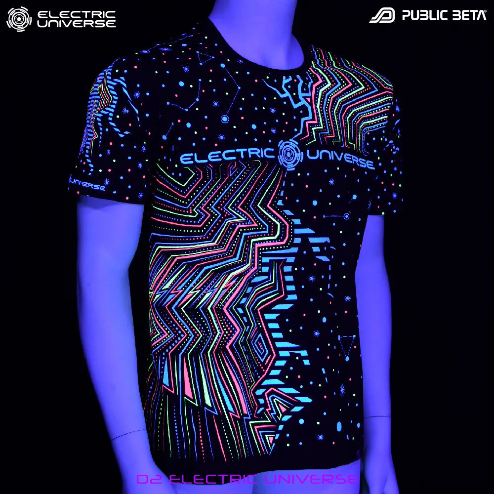 Electric Universe T-shirt with geometric UV-reactive graphics glowing under blacklight