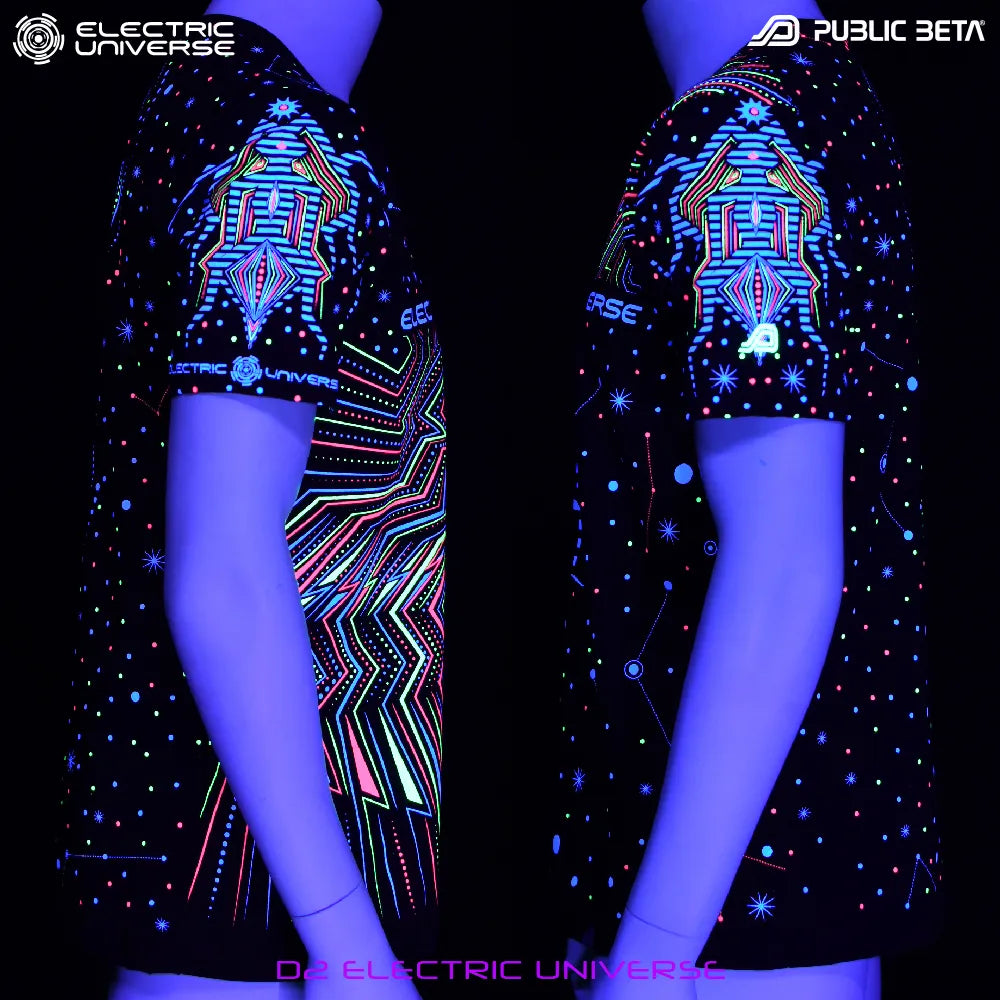 Electric Universe T-shirt with geometric UV-reactive graphics glowing under blacklight side views