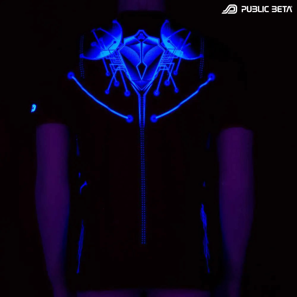 T-shirt with UV-reactive futuristic print glowing under blacklight
