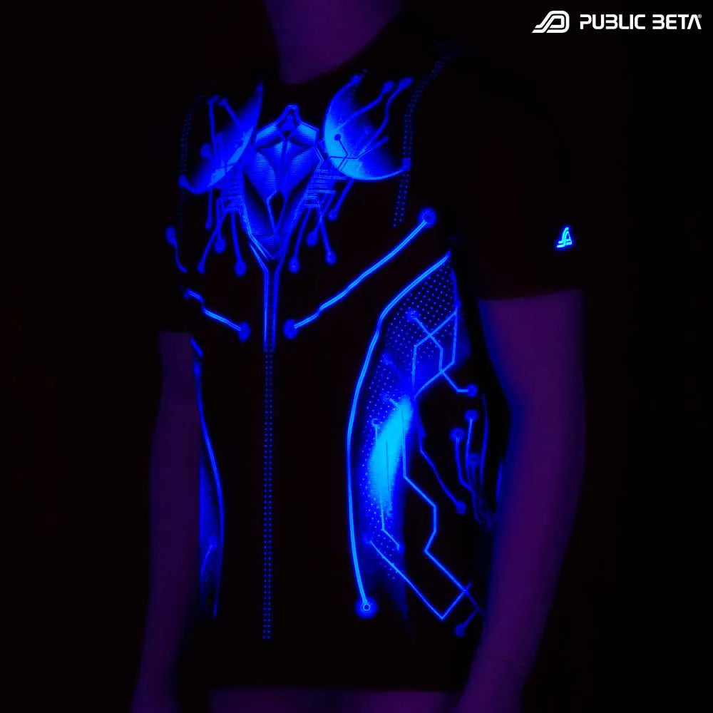 T-shirt with UV-reactive futuristic print glowing under blacklight