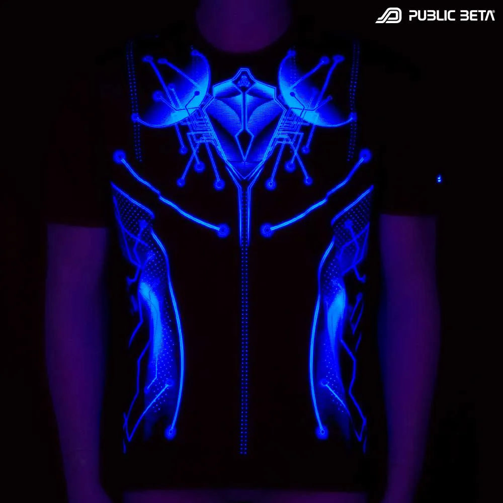 T-shirt with UV-reactive futuristic print glowing under blacklight