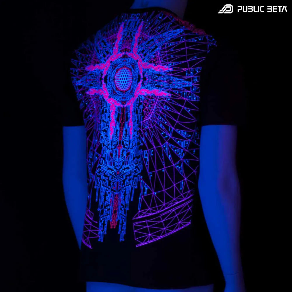 T-shirt with geometric UV-reactive graphics glowing under blacklight