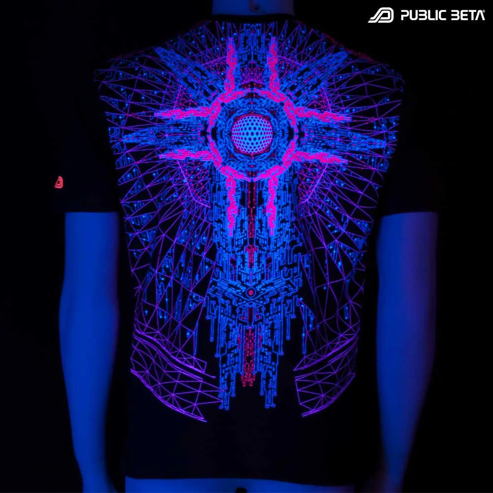 T-shirt with geometric UV-reactive graphics glowing under blacklight