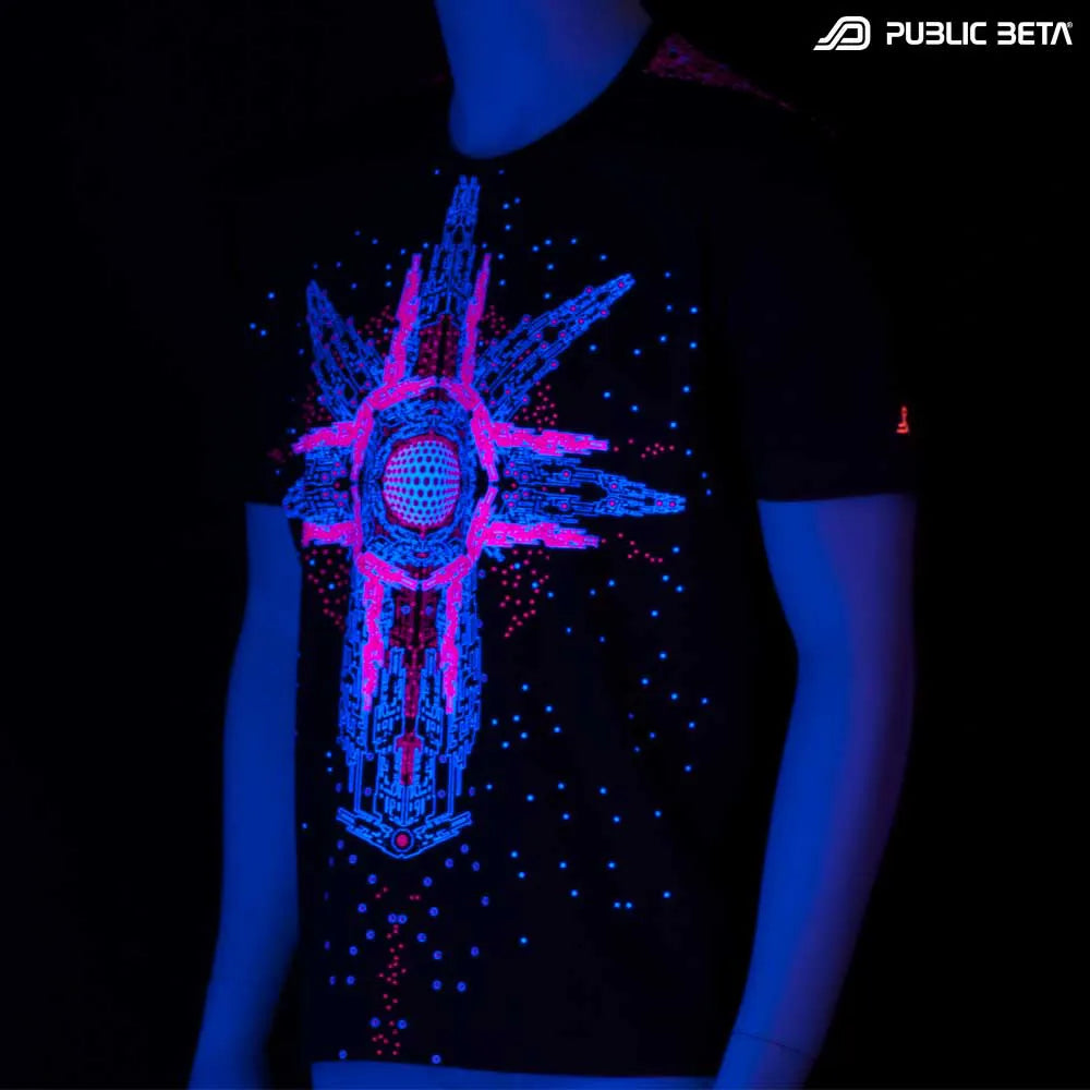 T-shirt with geometric UV-reactive graphics glowing under blacklight