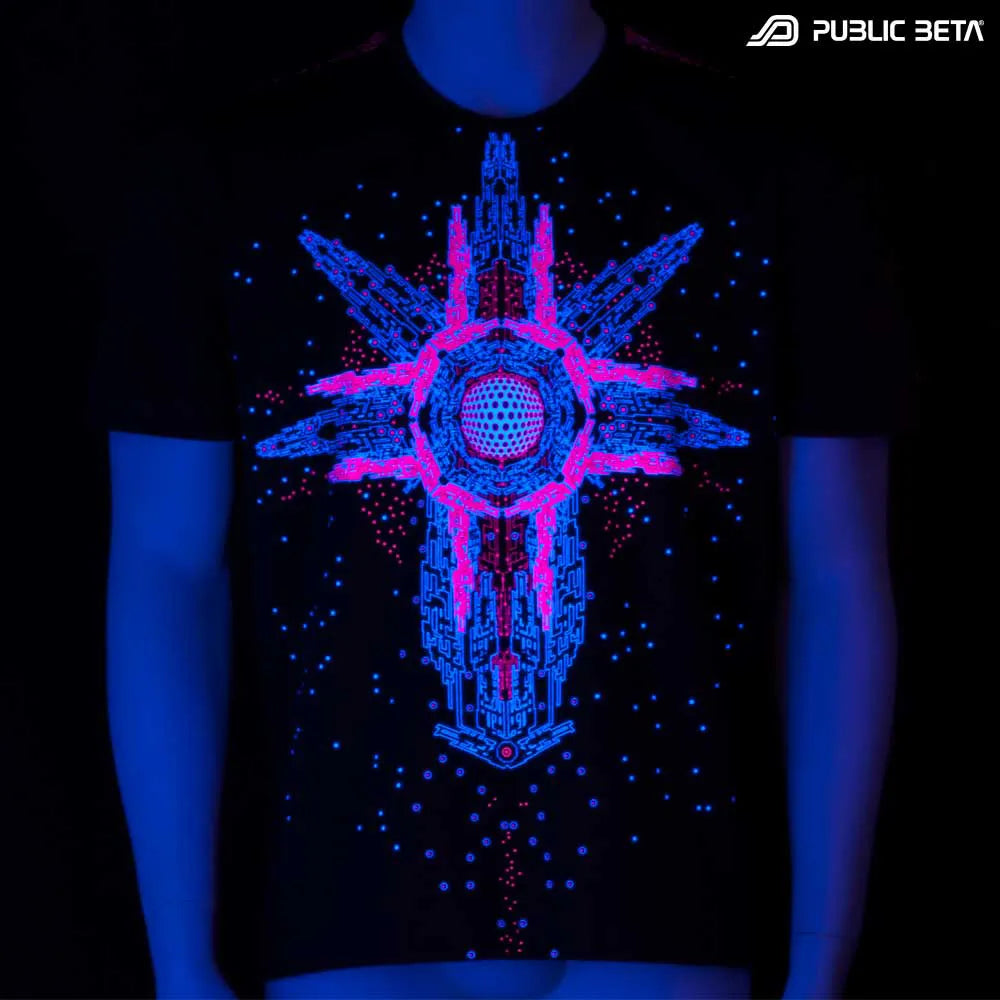 T-shirt with geometric UV-reactive graphics glowing under blacklight