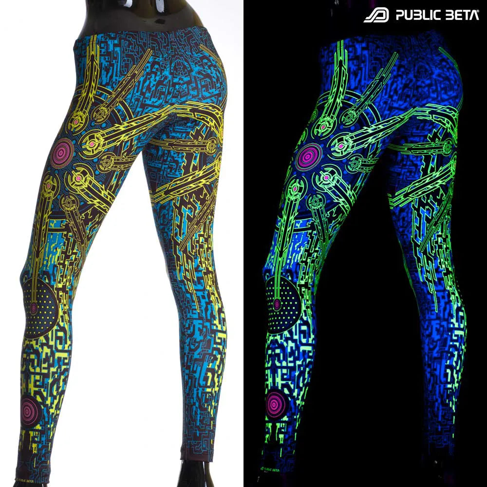 Split image of a leggings with uv-reactive graphics shown in natural light and glowing under blacklight