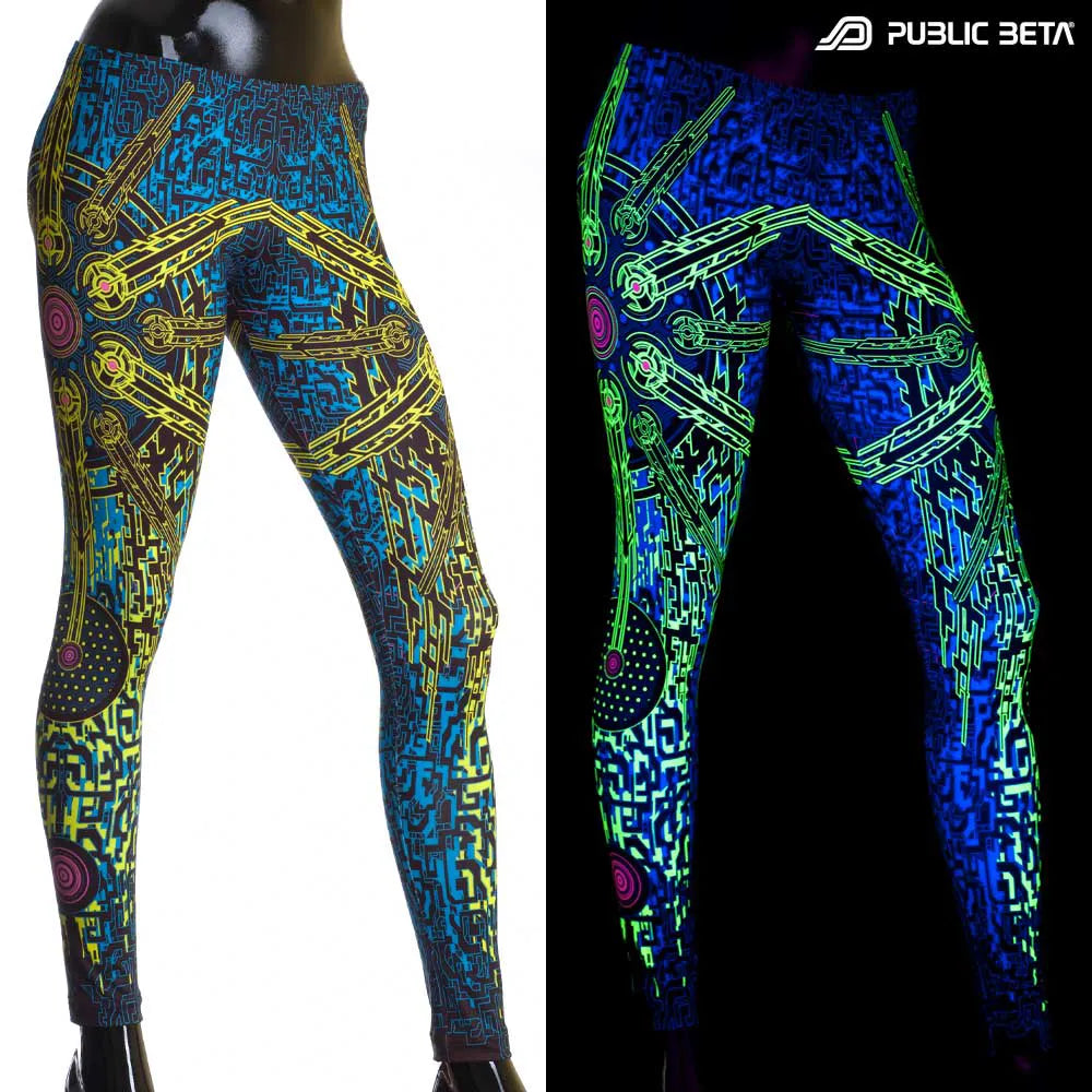 Split image of a leggings with uv-reactive graphics shown in natural light and glowing under blacklight