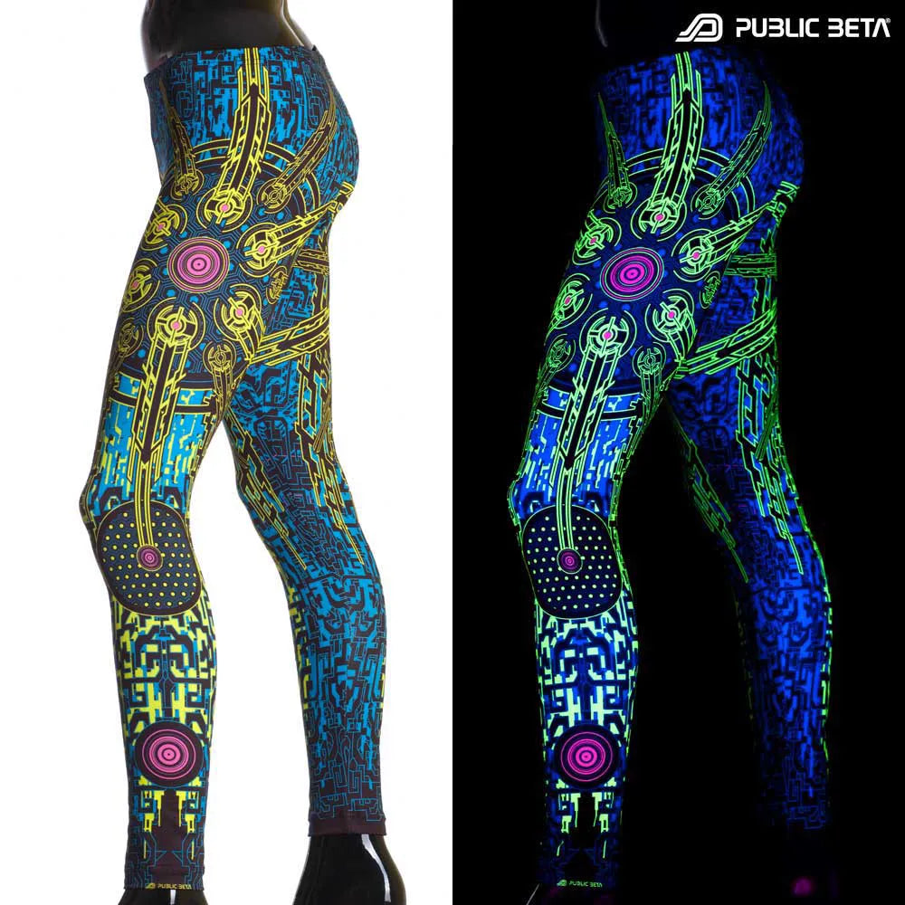Split image of a leggings with uv-reactive graphics shown in natural light and glowing under blacklight