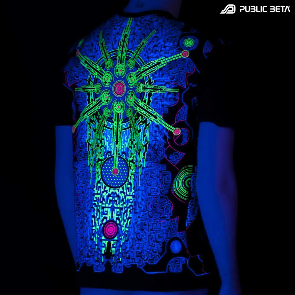 T-shirt with geometric UV-reactive graphics glowing under blacklight