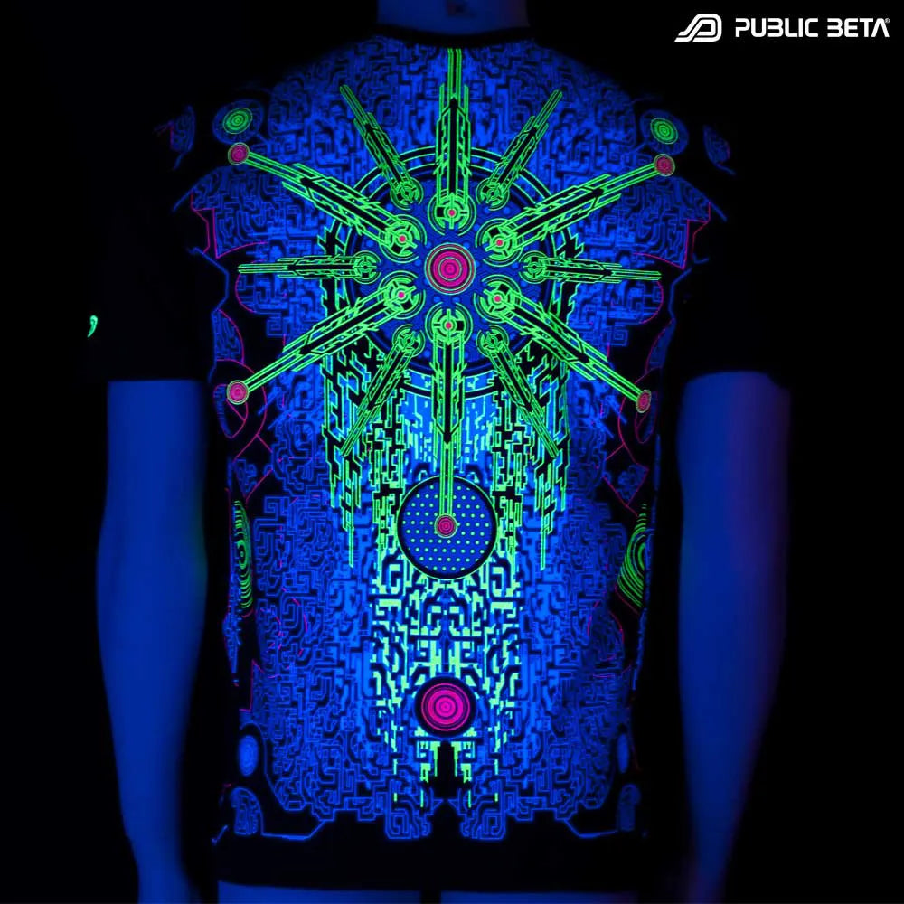 T-shirt with geometric UV-reactive graphics glowing under blacklight