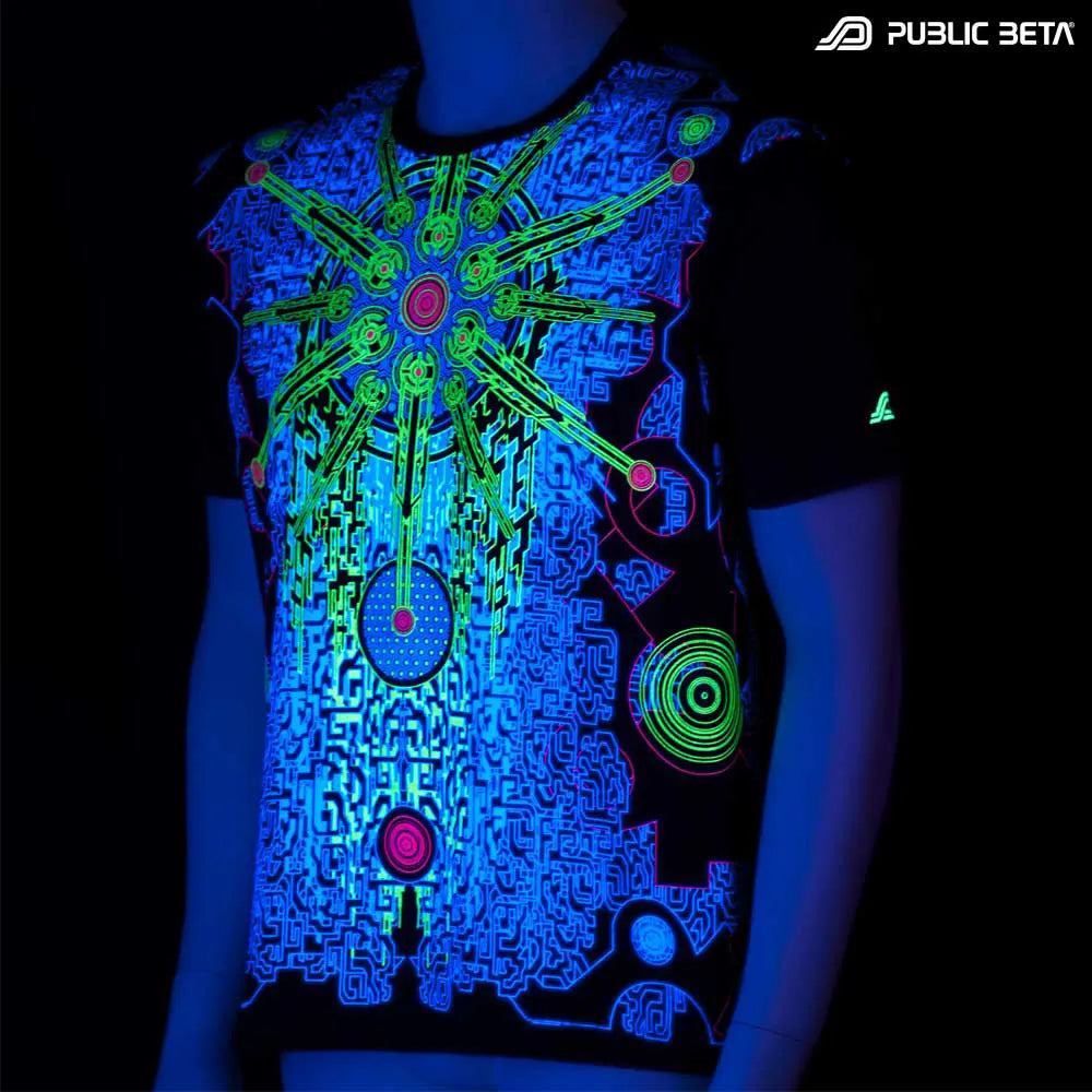 T-shirt with geometric UV-reactive graphics glowing under blacklight