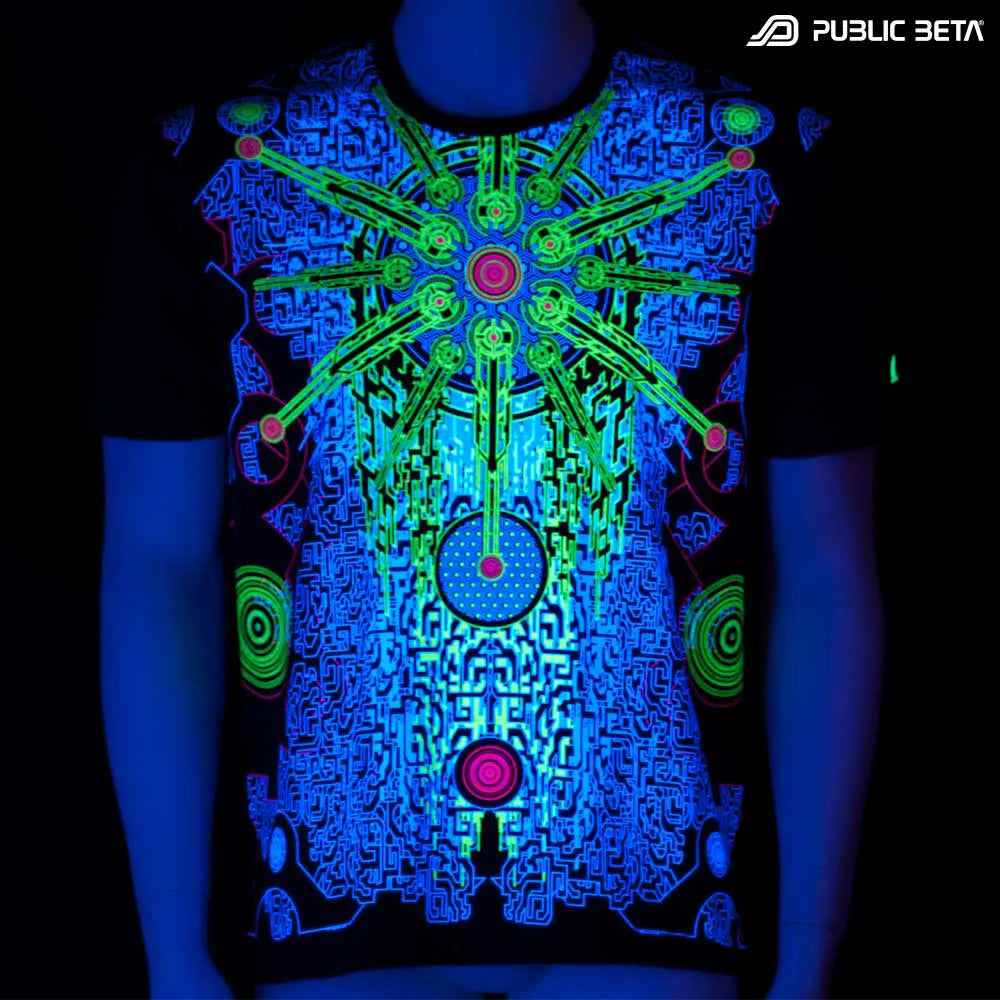 T-shirt with geometric UV-reactive graphics glowing under blacklight