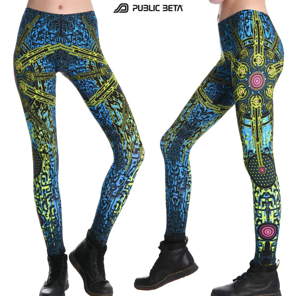 leggings with geometric UV-reactive graphics, photographed in natural light