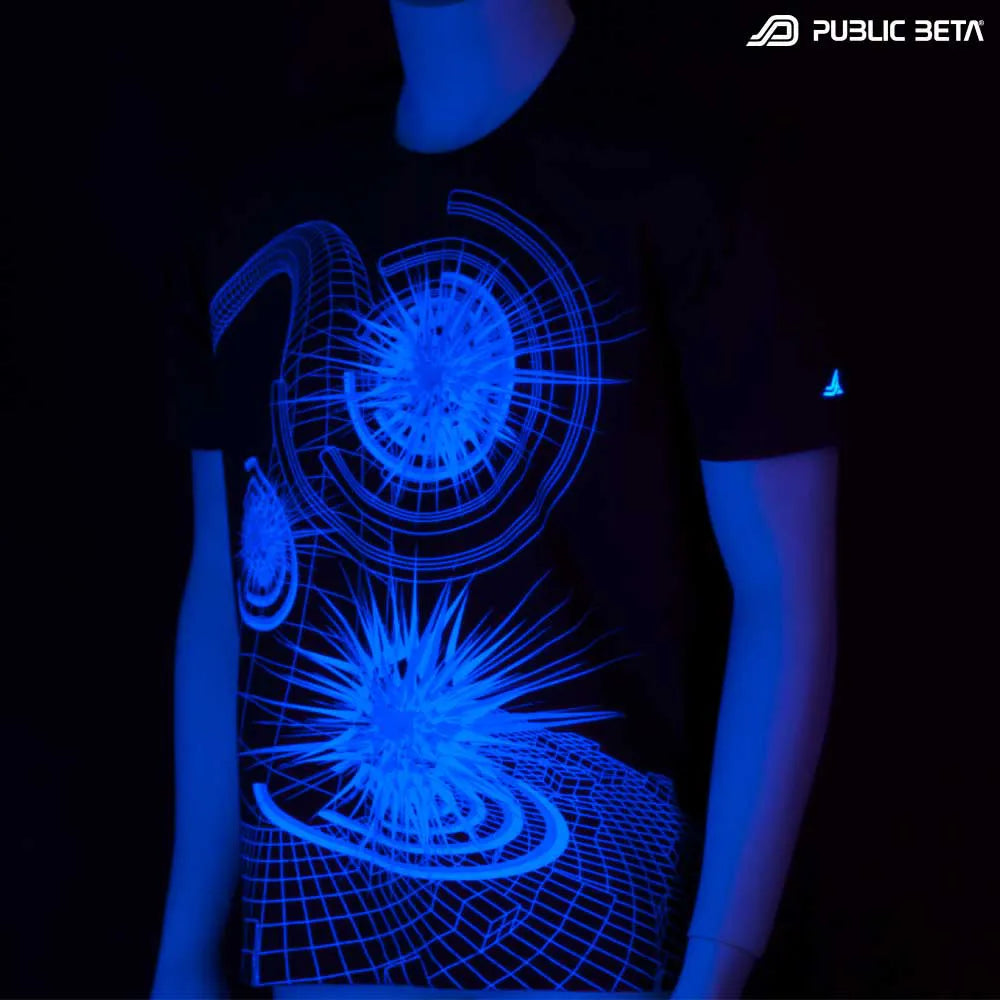 T-shirt with geometric UV-reactive graphics glowing under blacklight