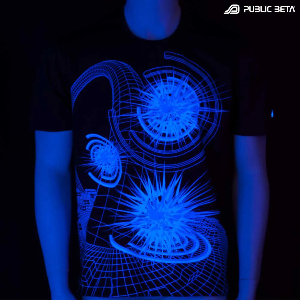 T-shirt with geometric UV-reactive graphics glowing under blacklight