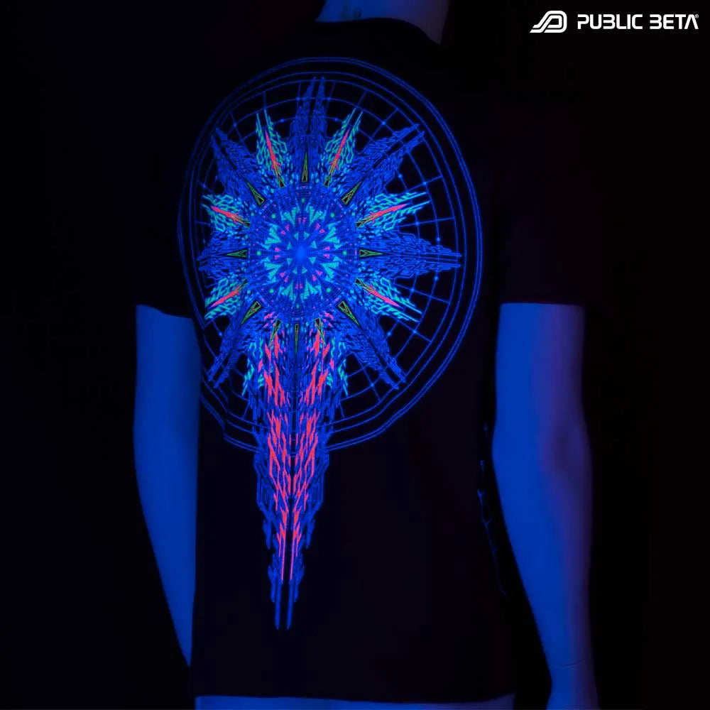 T-shirt with UV-reactive visionary graphics glowing in blacklight