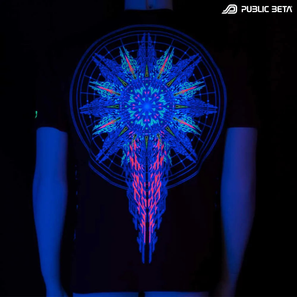 T-shirt with UV-reactive visionary graphics glowing in blacklight