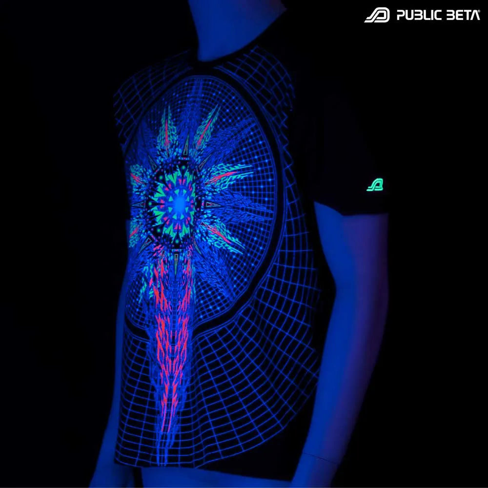 T-shirt with UV-reactive visionary graphics glowing in blacklight
