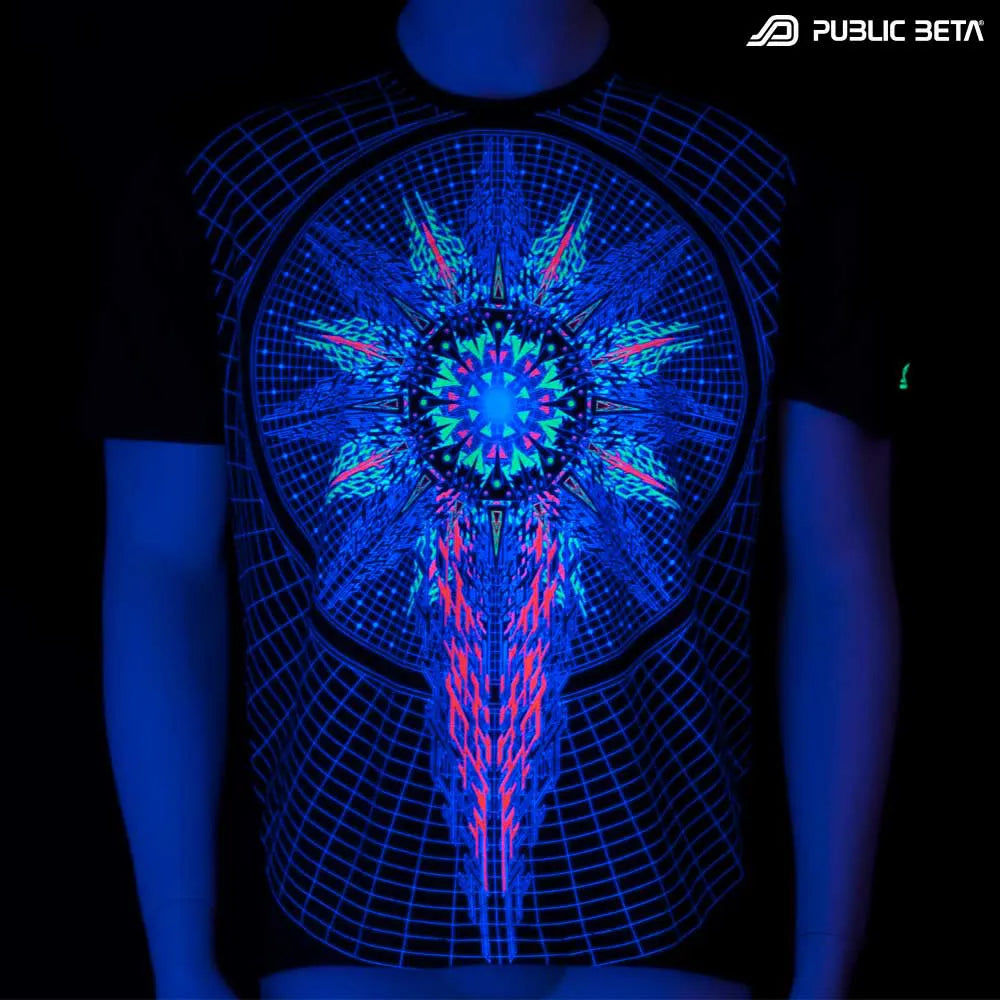 T-shirt with UV-reactive visionary graphics glowing in blacklight