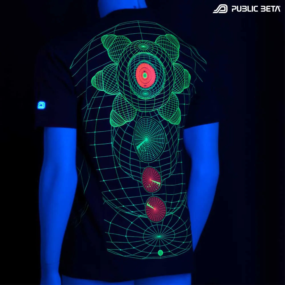 T-shirt with UV-reactive futuristic print glowing under blacklight