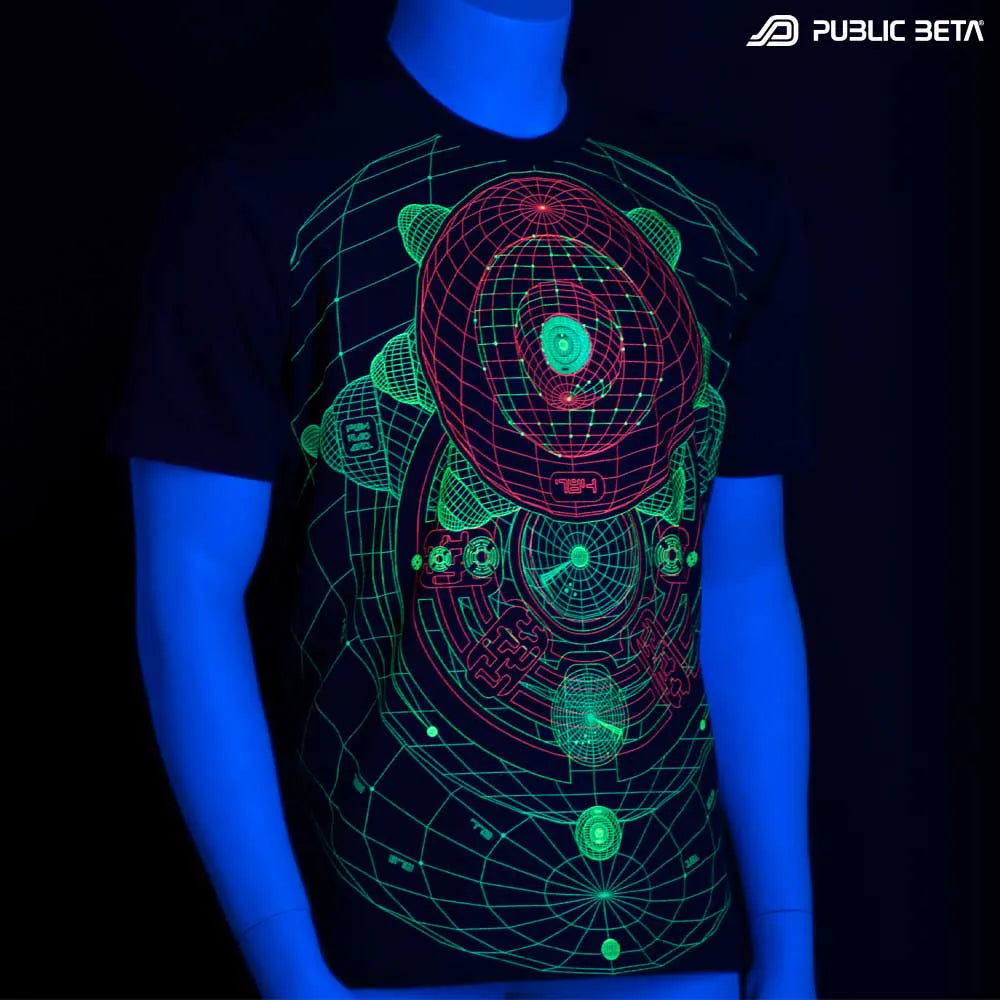 T-shirt with UV-reactive futuristic print glowing under blacklight