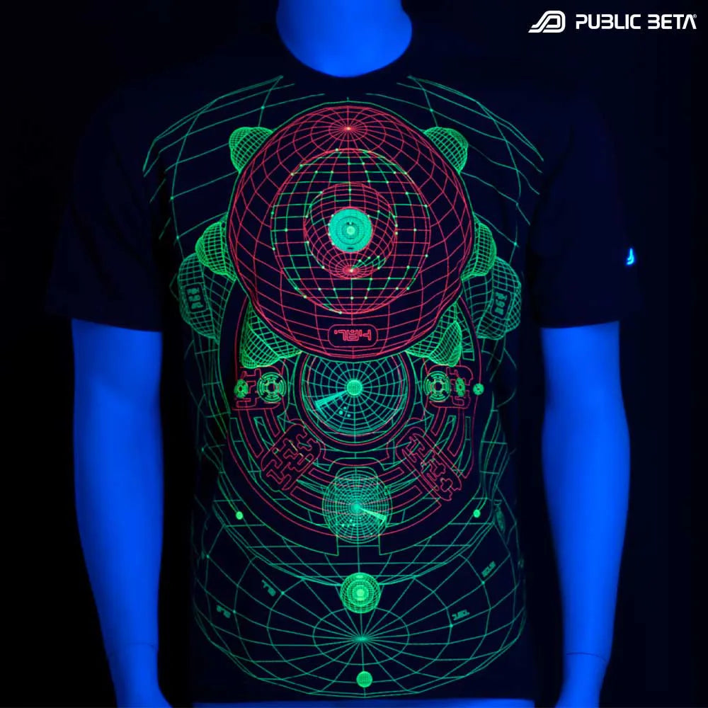 T-shirt with UV-reactive futuristic print glowing under blacklight
