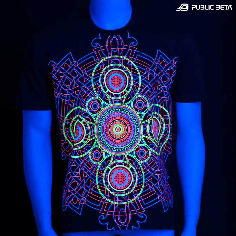 T-shirt with geometric UV-reactive graphics glowing under blacklight