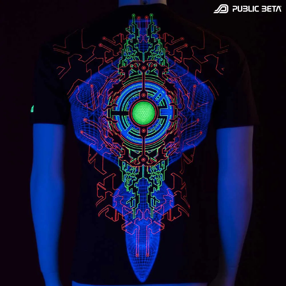 T-shirt with geometric UV-reactive graphics glowing under blacklight