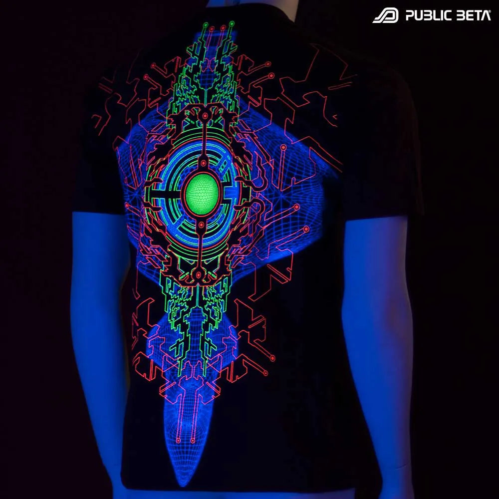 T-shirt with geometric UV-reactive graphics glowing under blacklight