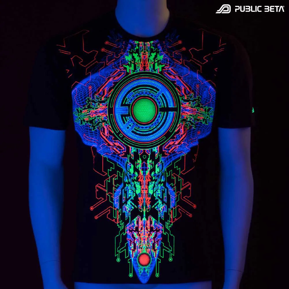 T-shirt with geometric UV-reactive graphics glowing under blacklight