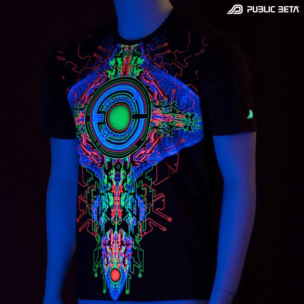 T-shirt with geometric UV-reactive graphics glowing under blacklight