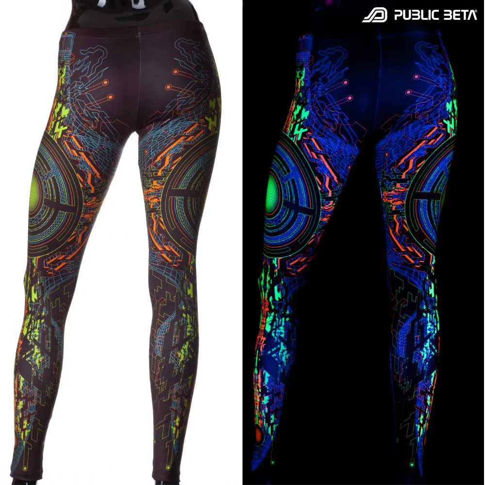 Split image of a leggings with uv-reactive graphics shown in natural light and glowing under blacklight