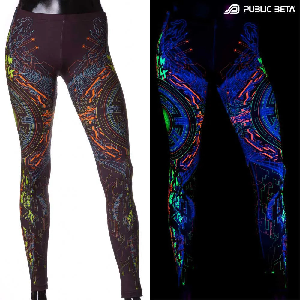 Split image of a leggings with uv-reactive graphics shown in natural light and glowing under blacklight
