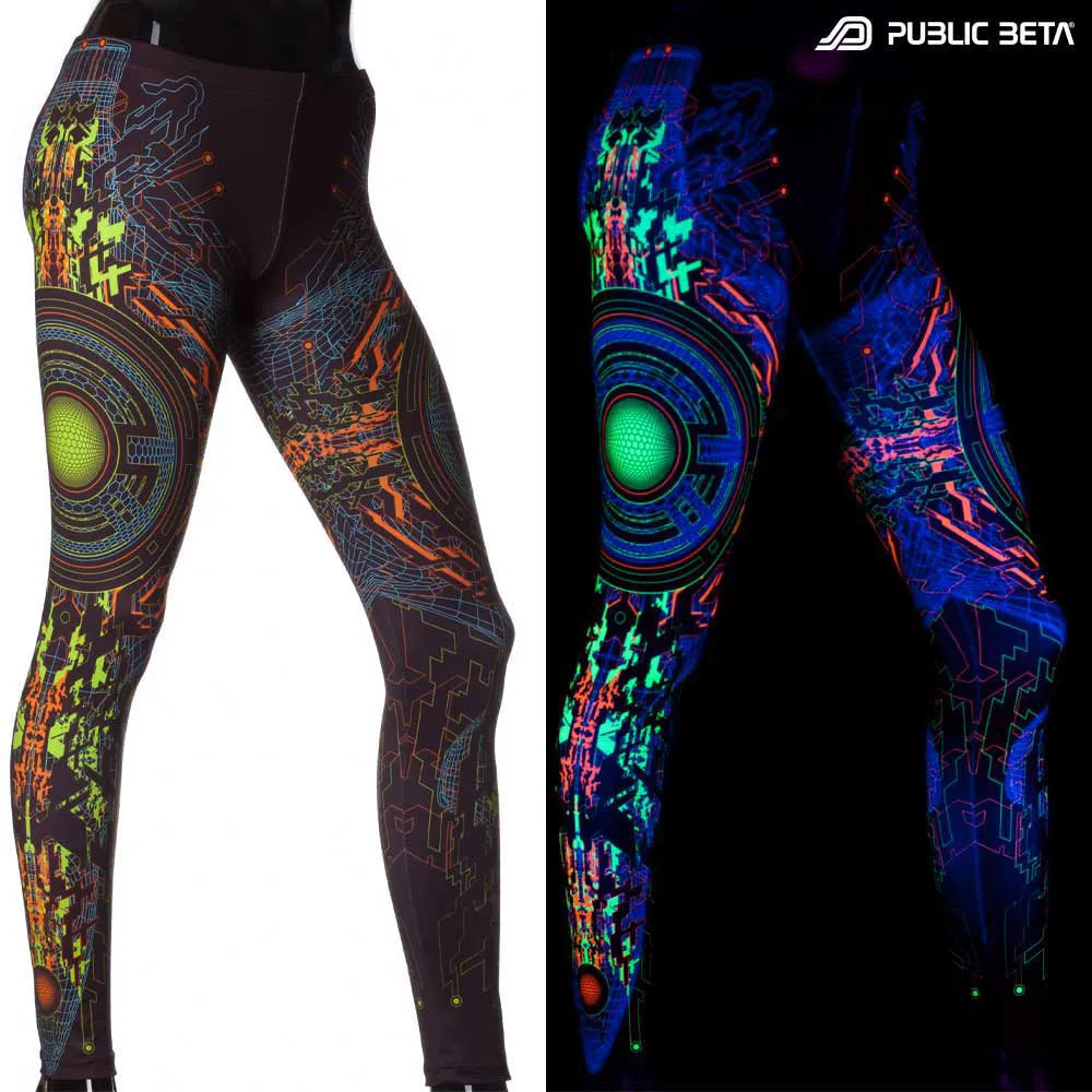 Split image of a leggings with uv-reactive graphics shown in natural light and glowing under blacklight