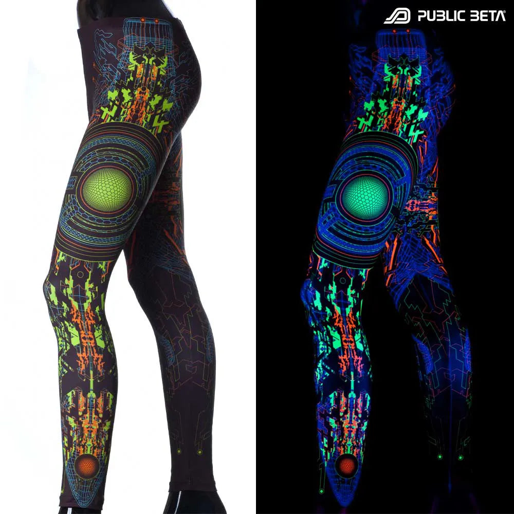Split image of a leggings with uv-reactive graphics shown in natural light and glowing under blacklight