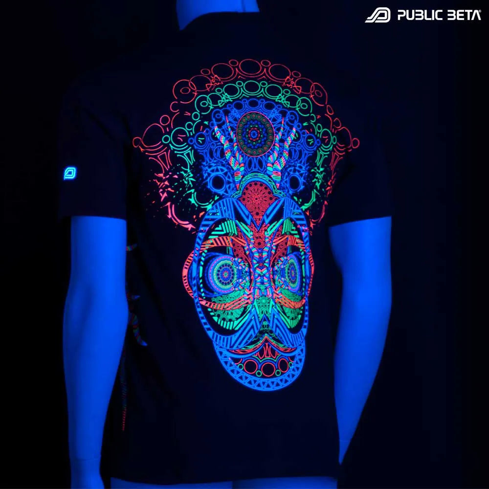 t-shirt with UV-reactive psychedelic art print glowing in blacklight