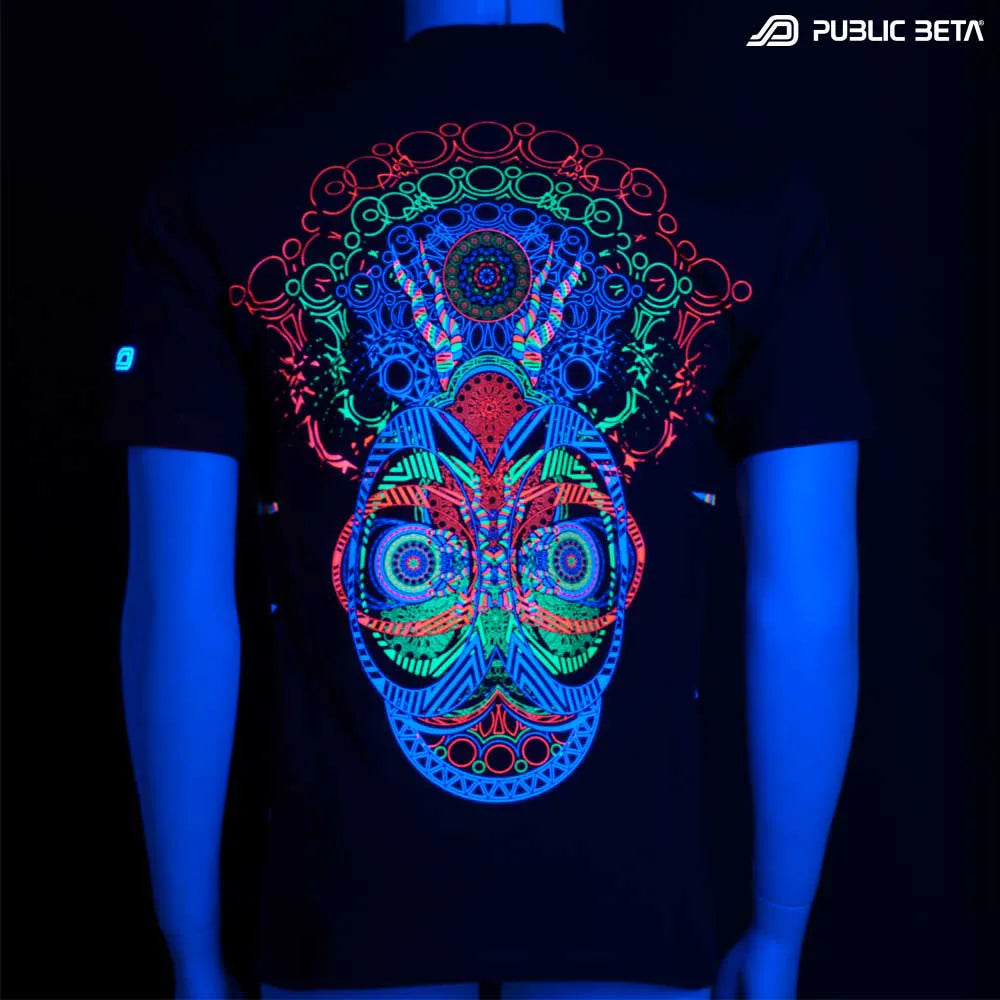 t-shirt with UV-reactive psychedelic art print glowing in blacklight