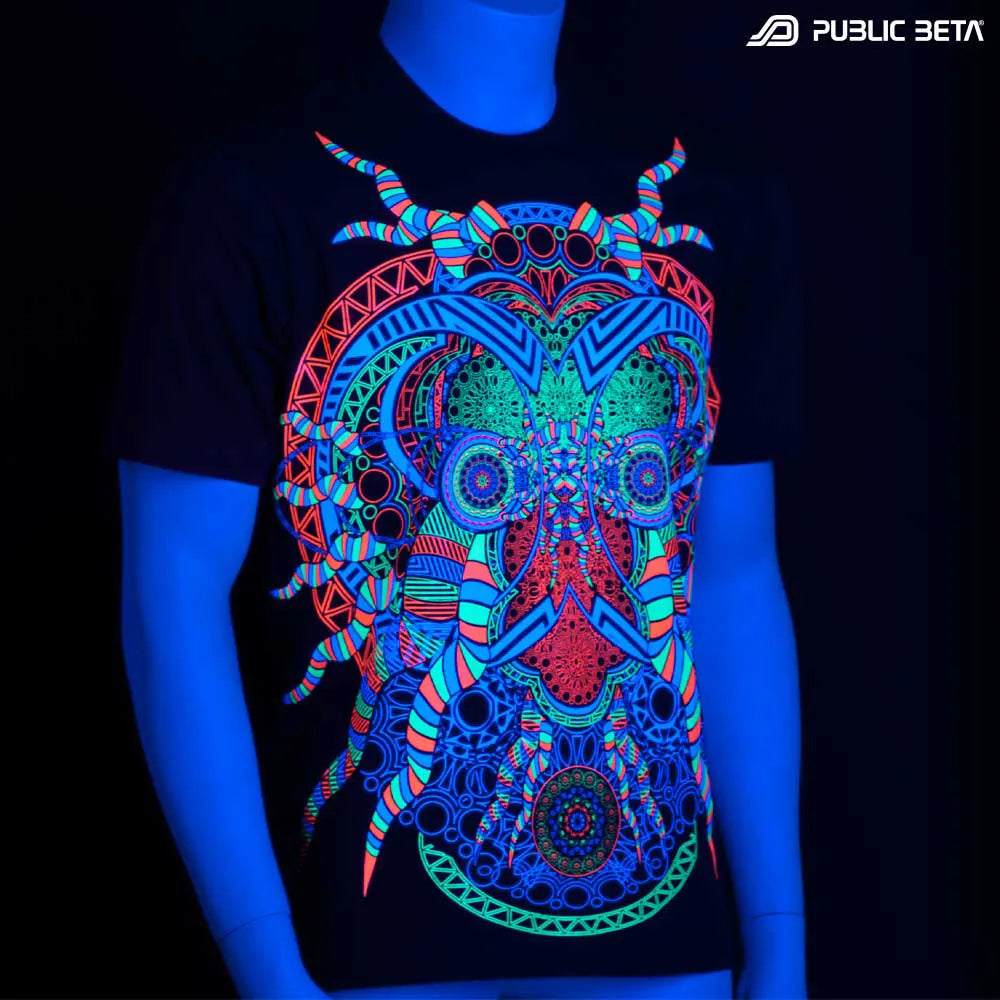 t-shirt with UV-reactive psychedelic art print glowing in blacklight