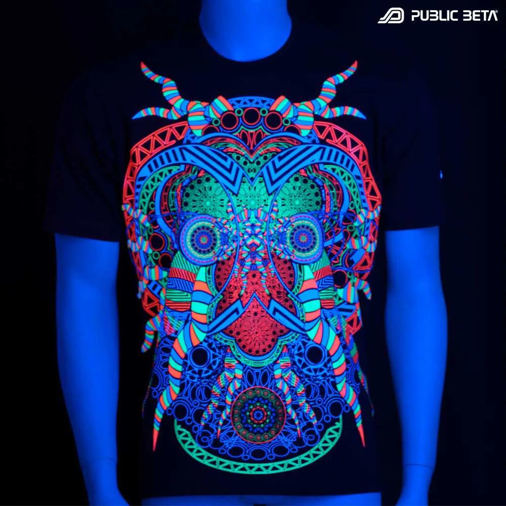 t-shirt with UV-reactive psychedelic art print glowing in blacklight