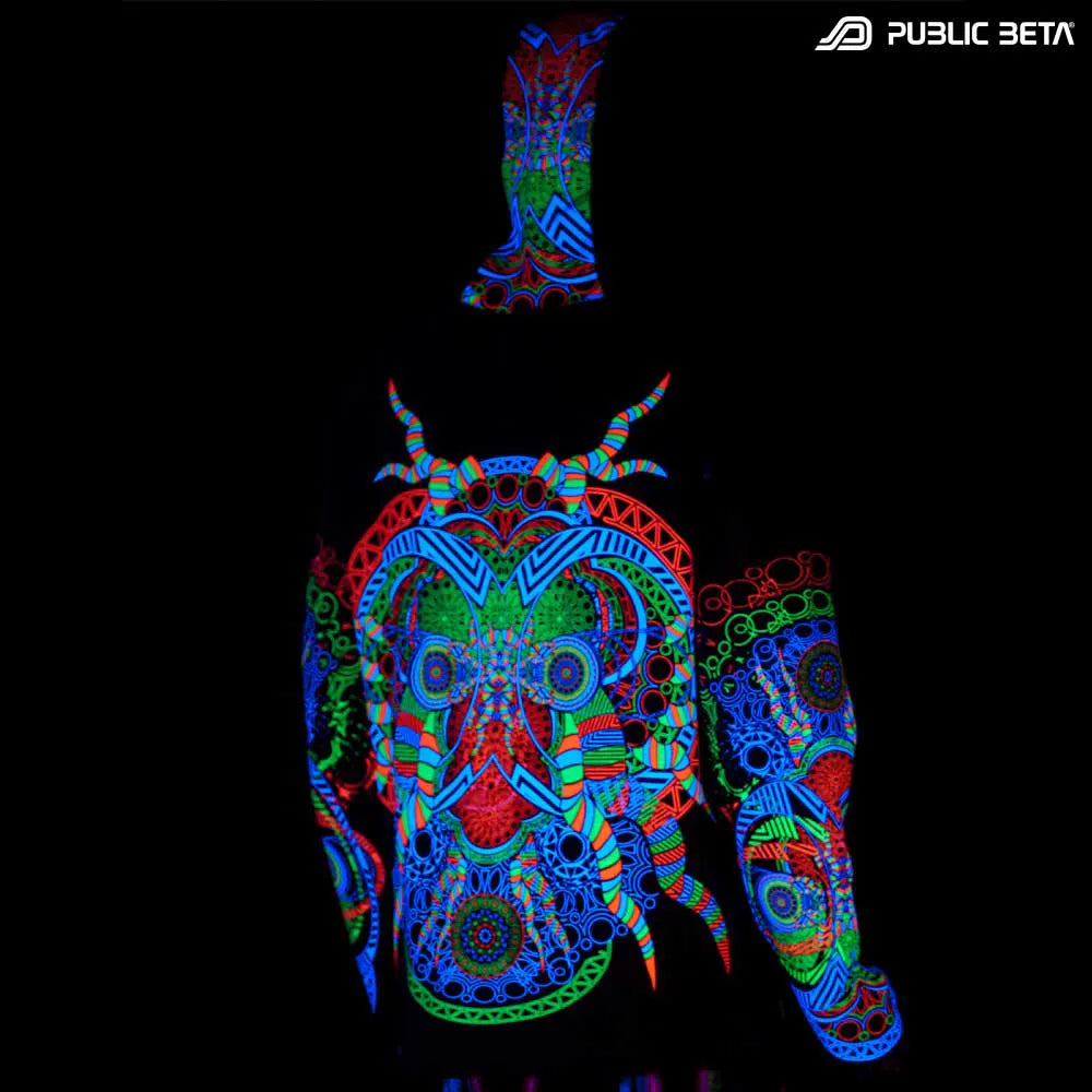 Hooded Sweater with UV-reactive graphics glowing under blacklight