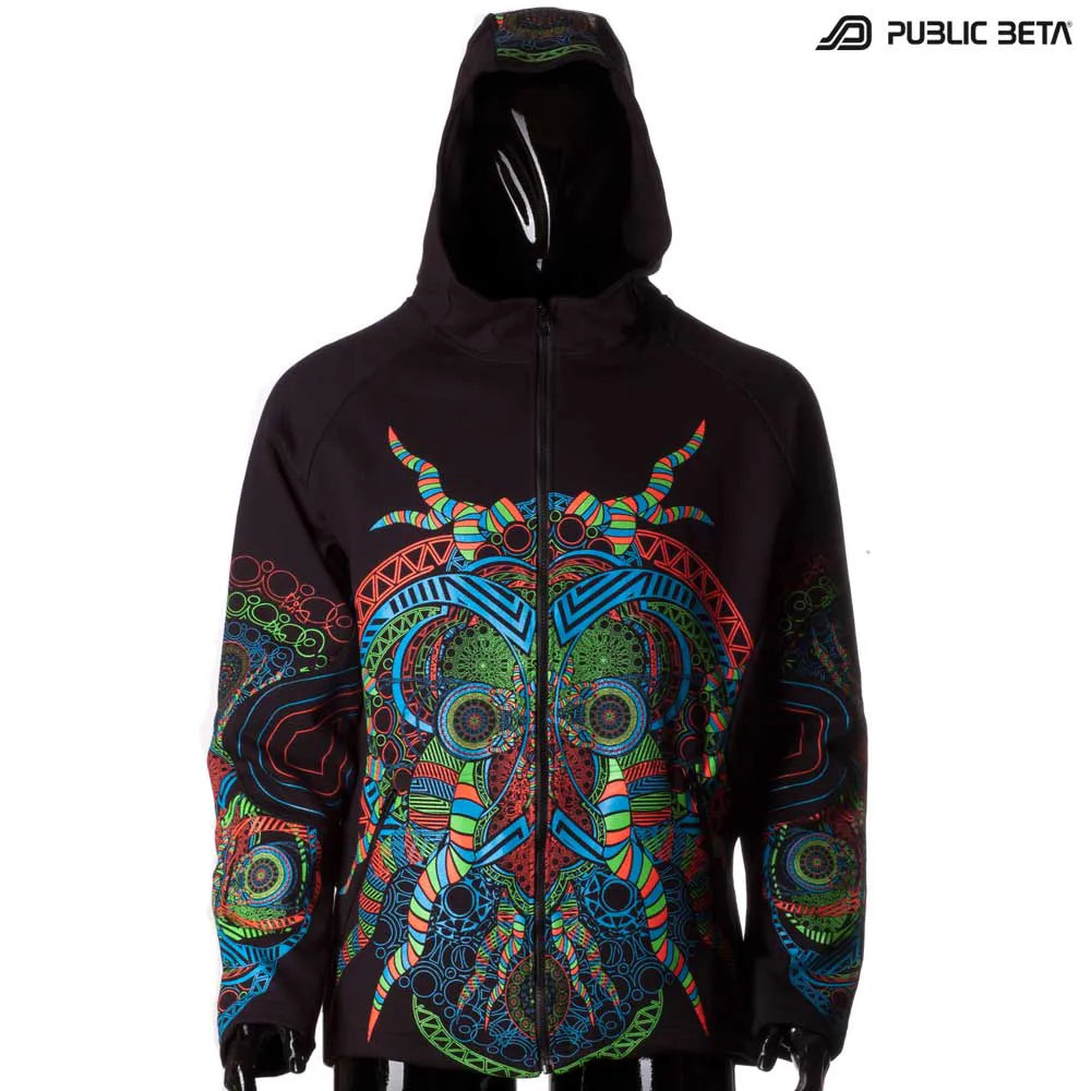 Hooded sweater with UV-reactive printed graphics, photographed in natural light